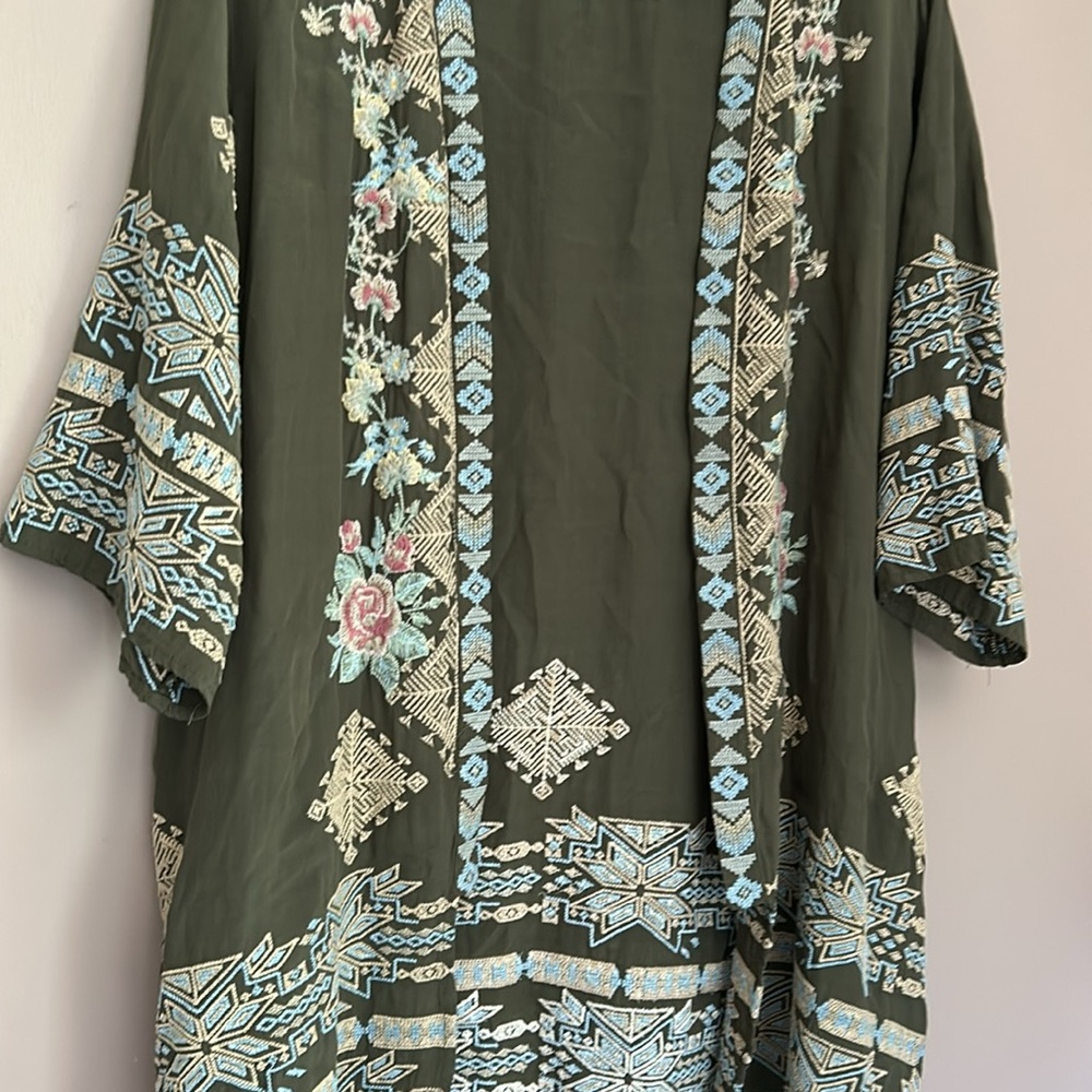 Driftwood Green Joelle Embroidered Open Front Kimono Pockets Size Large - Picture 7 of 10